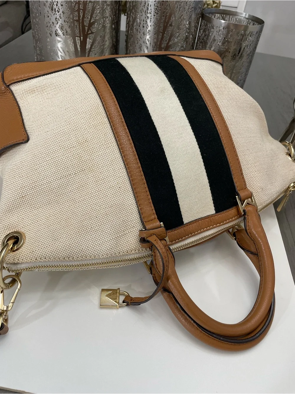 Michael Kors Canvas Leather Satchel Crossbody Bag Stripe Large Beige Brown Tot